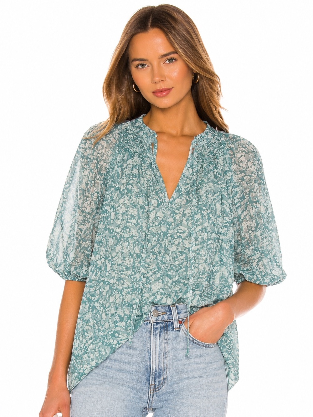 House Of Harlow 1960 Martine Seafoam Print Puff Balloon Shirt Sleeve Size M